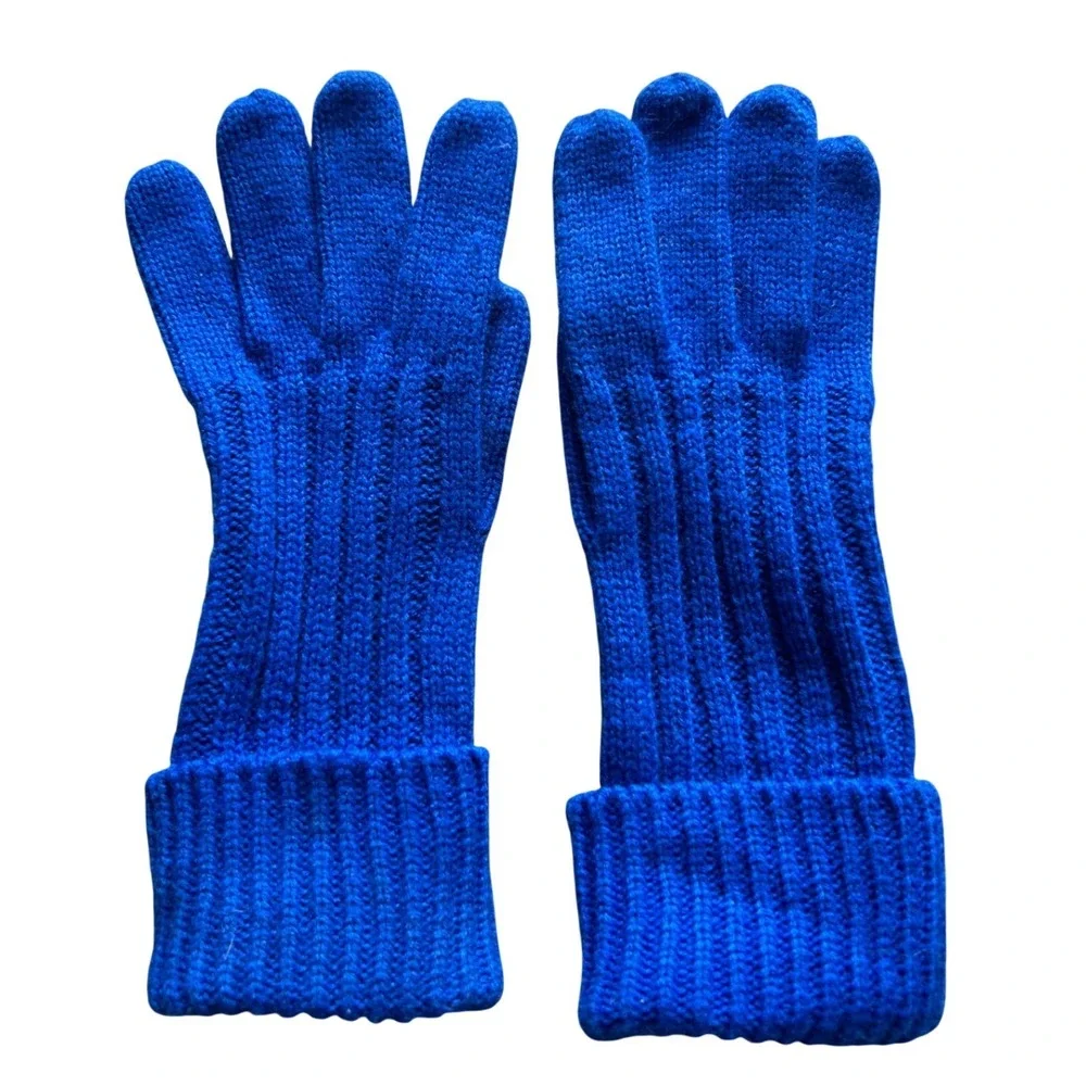 Royal Blue Ribbed Knit Full‎ Finger Gloves Fold Over Cuff Preppy Cozy Bold